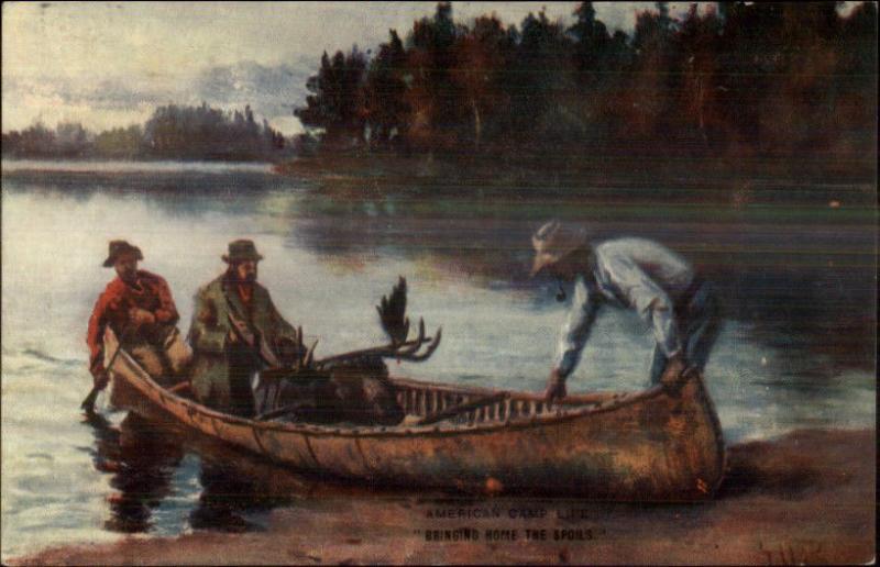 Hunting Dead Moose in Canoe & Men American Camp Life c1910 Postcard