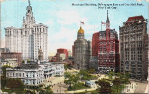 Municipal Building Newspaper Row and City Hall Park New York City Postcard C097