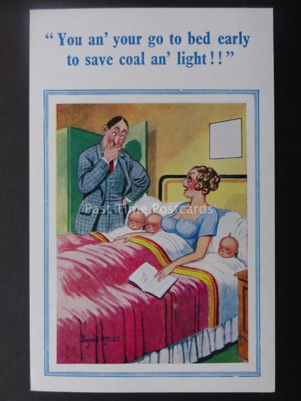 Donald McGill Postcard BABY TRIPLETS - GO TO BED EARLY TO SAVE COAL!.....c1950's