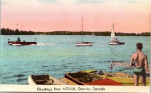 Postcard ON Greetings from Novar Motor Boats Sailboats Canoes RARE 1940s K63