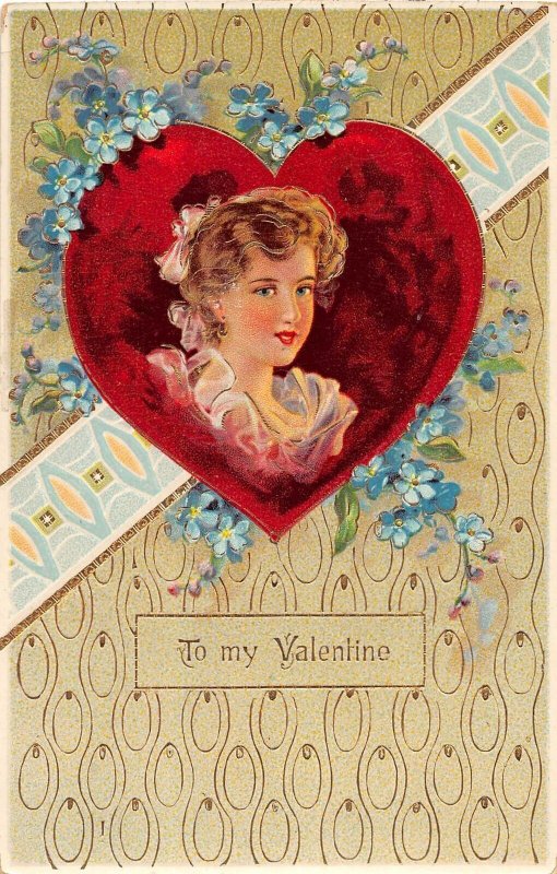 C2/ Valentine's Day Love Holiday Postcard c1910 Gold-Lined Woman Heart 17