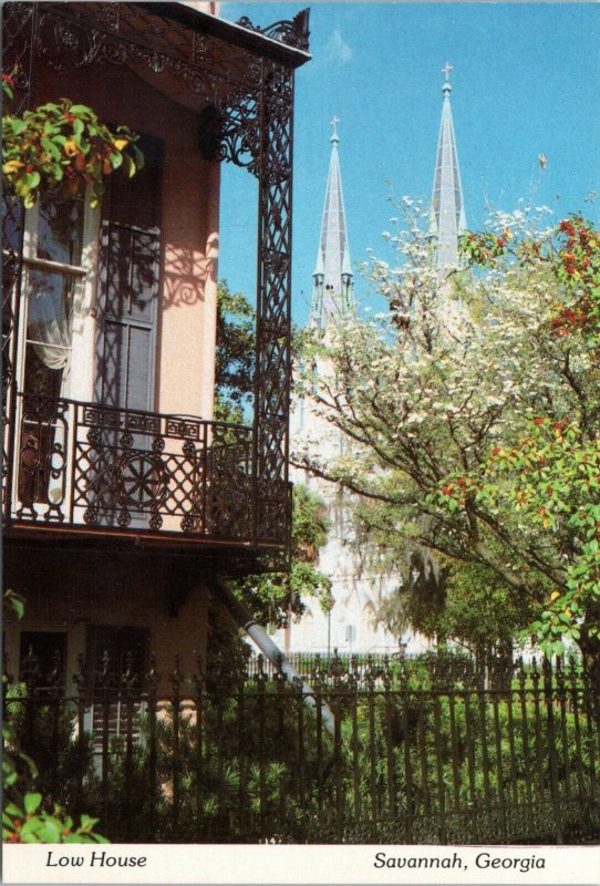 postcard Savannah GA - Low House with Cathedral of St. John the Baptist