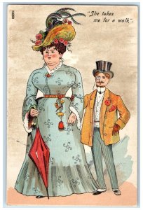 1908 Fat Woman She Takes Me For A Walk Nicollet Minnesota MN Antique Postcard
