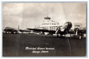 Chicago Illinois IL Postcard Municipal Airport Terminal Airplane 1949 RPPC Photo