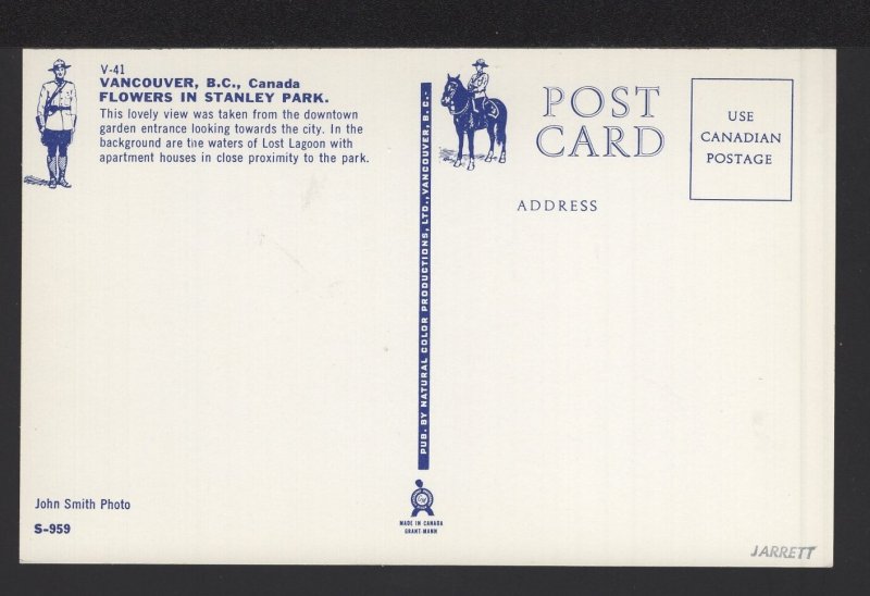 British Columbia VANCOUVER Stanley Park View Downtown Garden Entrance - Chrome