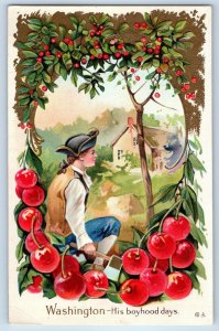 c1910's George Washington His Boyhood Days Cutting Cherry Tree Embossed Postcard