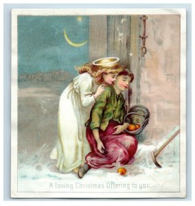 1880s-90s Victorian Christmas Card Beautiful Angel & Sleeping Girl Moon Star #5N