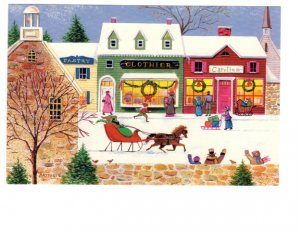 Horse-drawn Sleigh, Main St, Small Town, Vintage Christmas Postcard