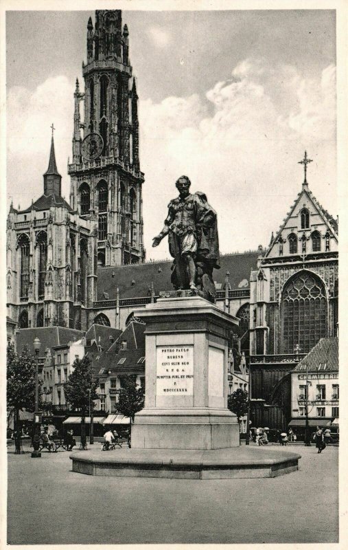 Vintage Postcard 1920's View of Anvers Statue Rubens et Cathedrale Belgium