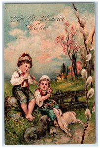 c1910's Easter Wishes Children Flute Pansies Lamb Embossed Antique Postcard