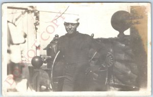 c1910s US Navy Sailor on Steam Ship RPPC Coal Stoker? Real Photo Postcard A111