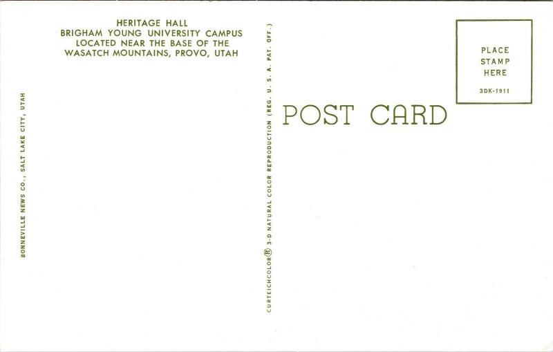 Heritage Hall BYU Campus Base Wasatch Nountains Provo Utah UT Postcard VTG UNP  