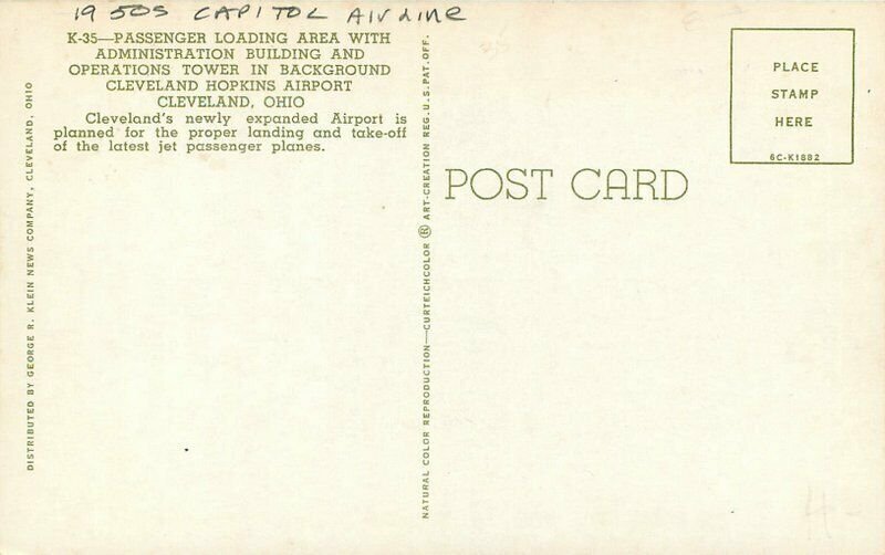 Cleveland Ohio Capitol Airline Hopkins Airport Klein Teich Postcard 21-6945