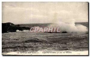 Old Postcard Batz Sea Wave on a Jetee Day Storm