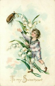 Tuck Embossed Valentine Postcard 10 Love Missives, Boy & June Beetle, Brundage