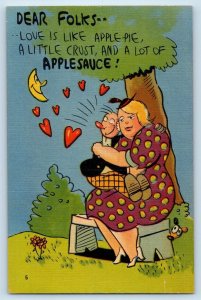 Humor Postcard Couple Hugging Fat Woman Love Is Like Apple Pie Crescent c1910's