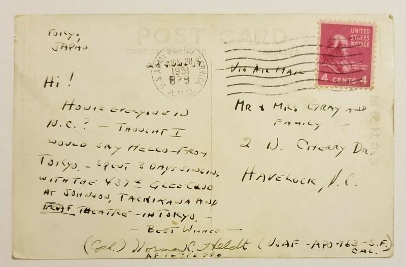 1951 Japan Tokyo Station Postcard from USAF Cpl. 