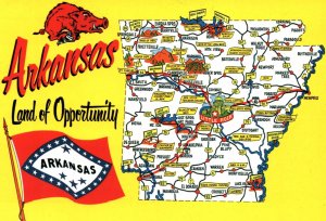 CONTINENTAL SIZE POSTCARD ANIMATED MAP OF STATE OF ARKANSAS LAND OF OPPORTUNITY