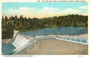 Vintage Postcard Dam & Lake Evergreen in Bear Creek Canon Denver Colorado CO