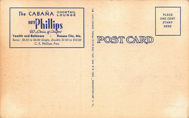 Cabana Cocktail Lounge, Hotel Phillips, Kansas City, MO, Early Postcard, Unused