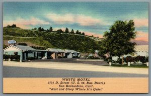 Postcard San Bernardino CA c1940 White Motel Route 66 Bus Route Roadside Defunct