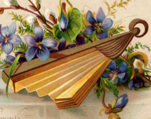 1880s Victorian Christmas Season's Trade Card Violets Fan Fab! P171