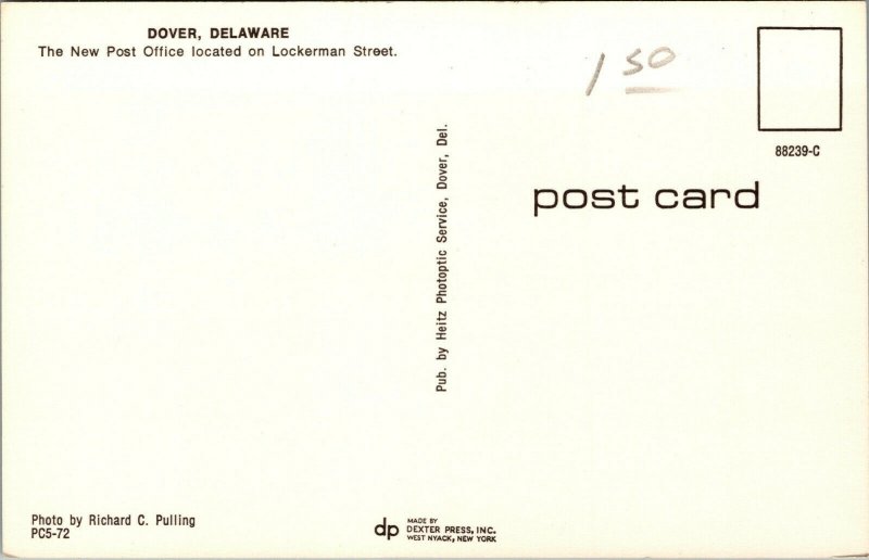 Vtg 1950s New Post Office Lockerman Street Dover Delaware DE Unused Postcard