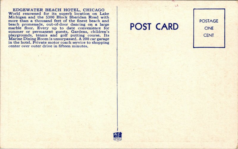 Vtg 1920s Edgewater Beach Hotel & Recreation Grounds Chicago IL Unused Postcard