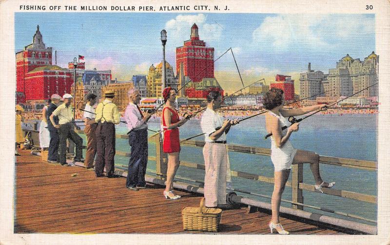 Fishing Off the Million Dollar Pier, Atlantic City, N.J., Early Postcard, Unused