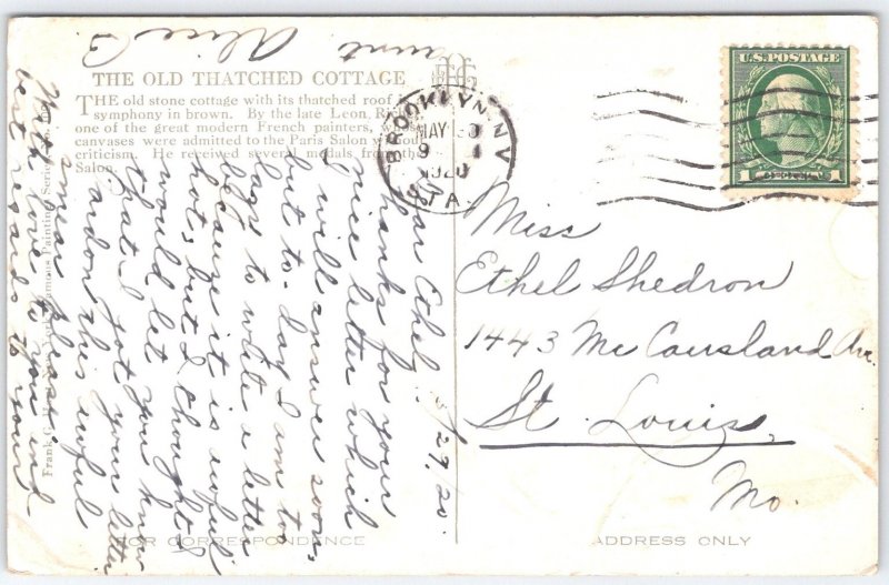 Vintage Old Thatched Cottage Postcard by Leon Richet, 1910 Art