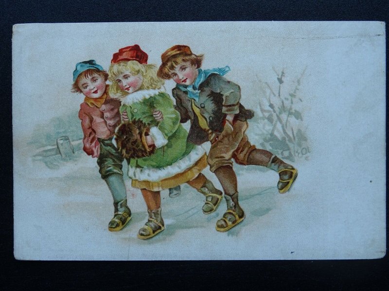 Christmas Greeting CHILDREN ICE SKATING Wintery Scene c1902 UB Postcard