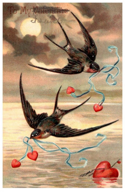 Valentine Flying sparrows with hearts