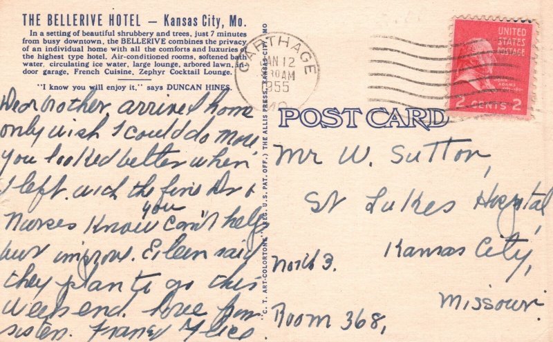 Vintage Postcard 1955 Bellerive Hotel Armour & Warwick Blvd Kansas City Missouri