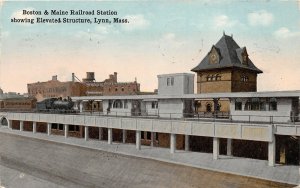 G45/ Lynn Massachusetts Postcard 1915 B&M Railroad Depot Elevated Loco 1