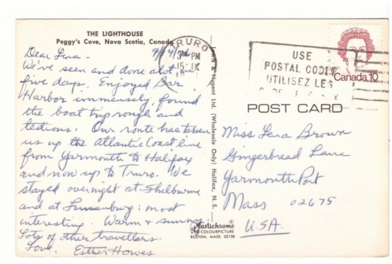 Lighthouse, Peggy's Cove, Nova Scotia, Vintage 1976 Postcard, Slogan Cancel