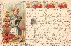 Lot 77 germany woman with food crab litho fruits postcard seafood