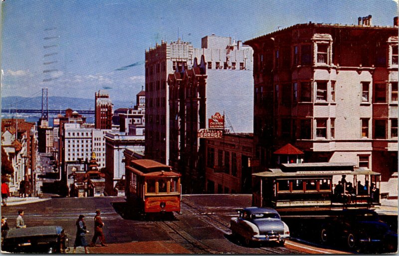 Vtg San Francisco Cable Cars Crossing at California & Powell Streets CA Postcard