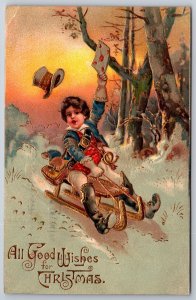 PFB Christmas~Mail Boy Sleds Downhill Quickly In Snow~Gold Leaf Emboss~#9086
