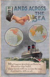 HANDS ACROSS THE SEA-TWO GLOBES-STEAMER SHIP~1910 POSTCARD