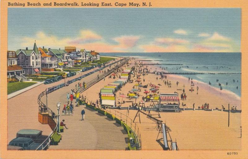 Bathing Beach and Boardwalk Looking East Cape May NJ New Jersey pm 1952 - Linen