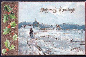 Christmas Greetings with Holly Winter Scene Gold Trim - Embossed - pm1911 - DB