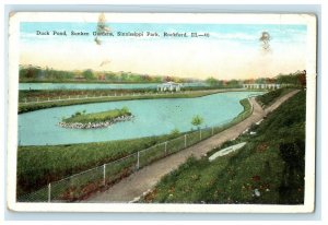 c1910 Duck Pond Sunken Gardens Sinnissippi Park Rockford Illinois IL Postcard 