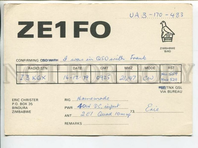 464560 1979 year Zimbabwe Bindura radio QSL card