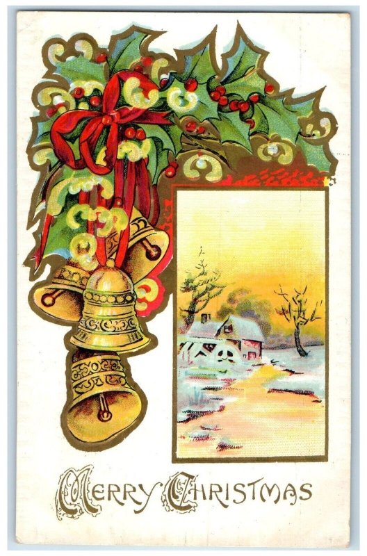 c1910s Christmas Ringing Bells Mistletoe Berries Embossed Eau Claire WI Postcard