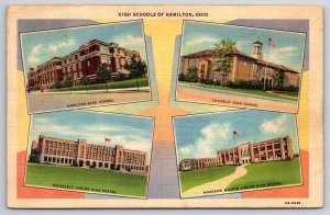 Hamilton Ohio~Multi-View Of High School Bldgs~PM 1937~Vintage Linen Postcard