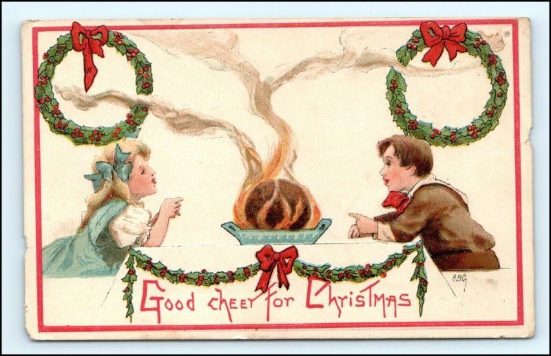 1907 Embossed Good Cheer for Christmas Postcard Couple, HBG L&E Germany A196