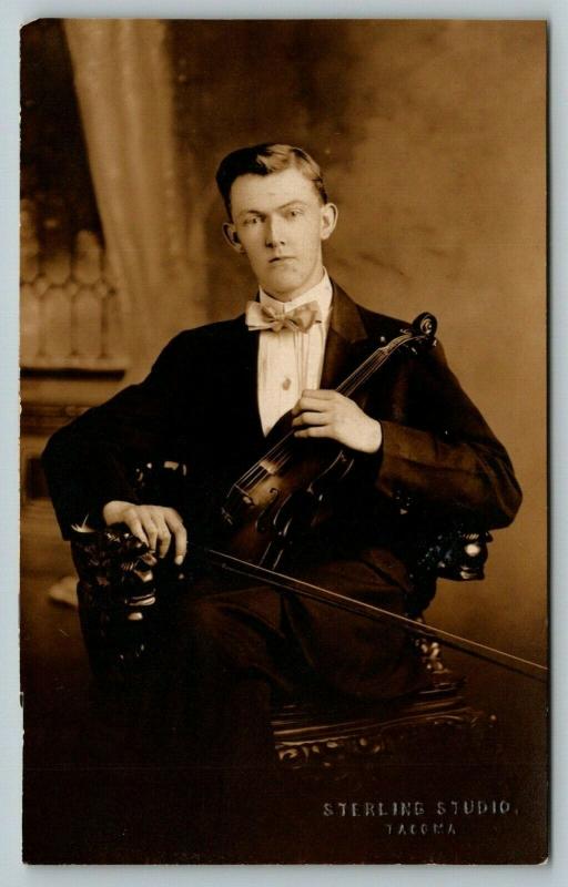 Tacoma RPPC~Young Violinist Dressed to the Nines~Holds Instrument & Bow~c1910 