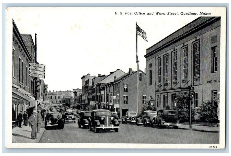 Gardiner Maine ME Postcard US Post Office And Water Street c1960's Vintage Cars