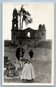Mexico Postcard View of Building Tower Vendors c1930's Vintage RPPC Photo