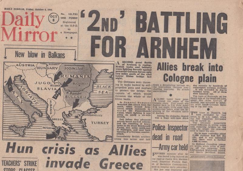 Daily Mirror 1944 Balkan Arnhem Battle ORIGINAL War WW2 Newspaper